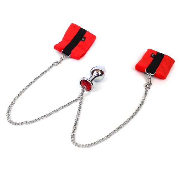 Наручники з металевою анальною пробкою Art of Sex Handcuffs with Metal Anal Plug size M Red SO6182