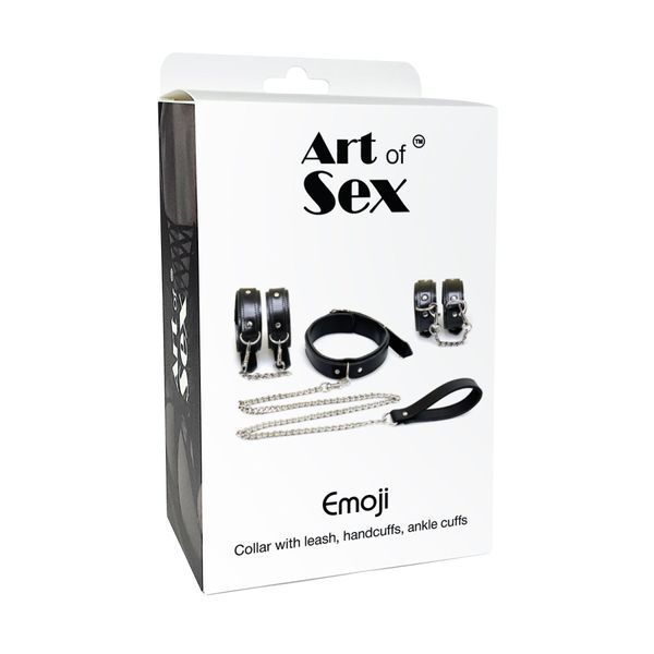 Набор BDSM Art of Sex Emoji, наручники, ножные манжеты, ошейник с поводком, экокожа, чёрный SO9635