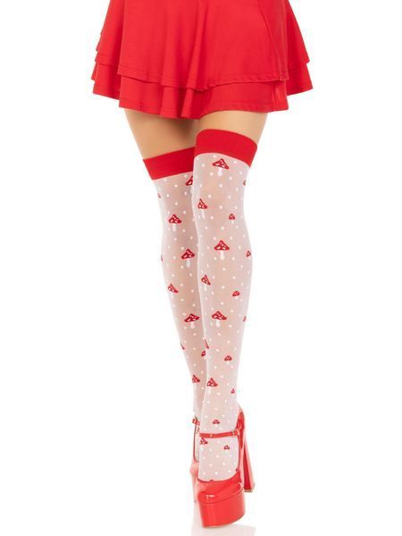 Панчохи Leg Avenue Polka Dot Mushroom Thigh Highs, One Size, біло-червоні, на резинці, малюнок &mdash; гриби SX1044