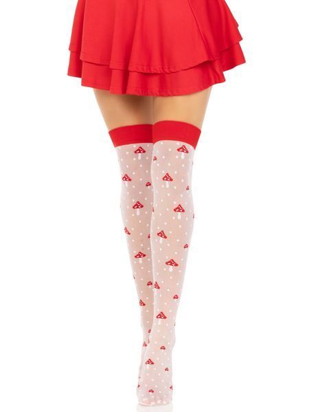 Панчохи Leg Avenue Polka Dot Mushroom Thigh Highs, One Size, біло-червоні, на резинці, малюнок &mdash; гриби SX1044