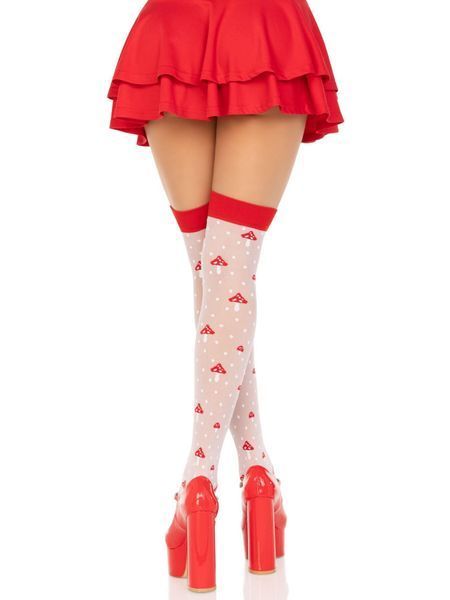 Панчохи Leg Avenue Polka Dot Mushroom Thigh Highs, One Size, біло-червоні, на резинці, малюнок &mdash; гриби SX1044
