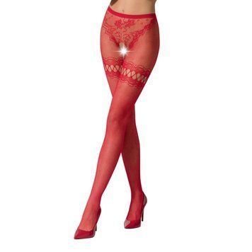Сетчатые колготки с открытым доступом Passion S015 One Size, Red, имитация чулок и трусиков PSS015R