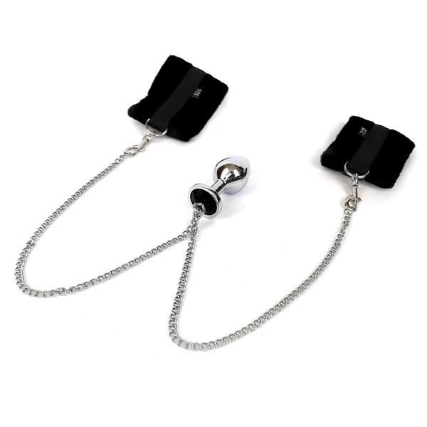 Наручники с металлической анальной пробкой Art of Sex Handcuffs with Metal Anal Plug size M Black SO6235