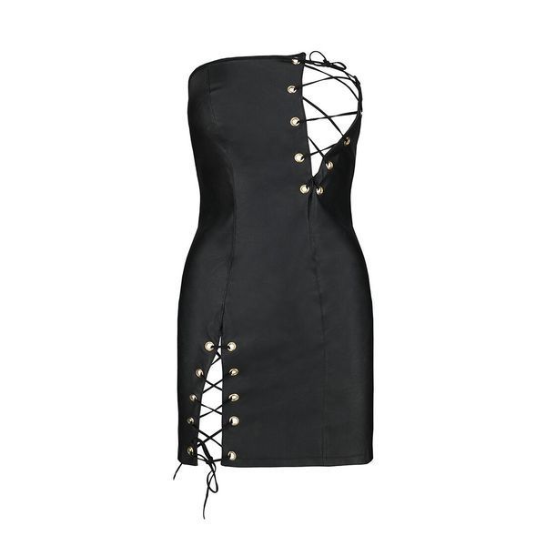 Мінісукня з екошкіри Passion CELINE CHEMISE XXL/XXXL, black, шнурівка, трусики в комплекті SO6408