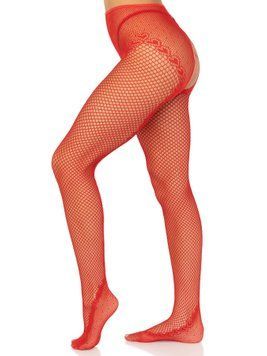 Стрип-колготки Leg Avenue Crotchless Net Tights with Heart Backseam, One Size, красные, с доступом SX1052