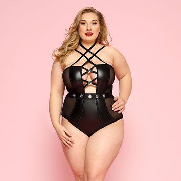 Сексуальне боді JSY &laquo;Пристрасна Лорейн&raquo; Plus Size Black, люверси, стрепи, екошкіра, шнурівка SO8378