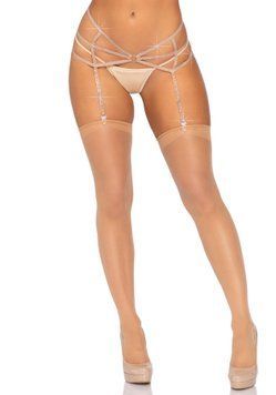 Пояс для панчіх зі стреп Leg Avenue Strappy Rhinestone Garterbelt Nude One Size, стрази SO9144