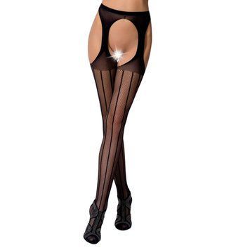Сетчатые чулки-стокинги Passion S018 One Size, Black, имитация пояса, сетка с вертикальными полоскам PSS018B