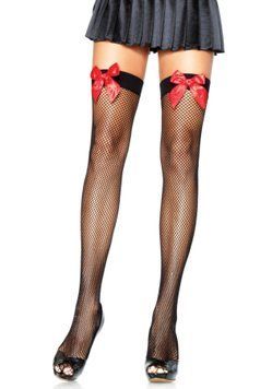 Панчохи-сітка з атласним бантиком Leg Avenue Fishnet Thigh Highs One size, Black, With Bow Red SO8597
