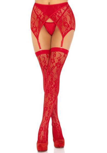 Комплект Leg Avenue Lace thigh highs & garterbelt, One Size, красный, чулки и пояс с пажами SX1060