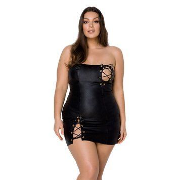 Мини-платье из экокожи Passion CELINE CHEMISE 4XL/5XL, black, шнуровка, трусики в комплекте SO7061