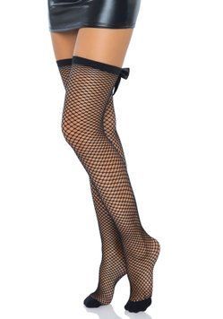 Панчохи-сітка зі швом ззаду Leg Avenue Bow back seam thigh highs One size Black, атласний бант SO8600