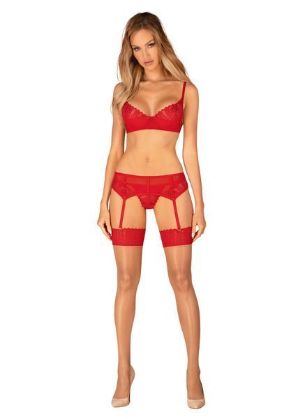 Чулки Obsessive Ingridia stockings M/L, бежевые с красной резинкой SO9041