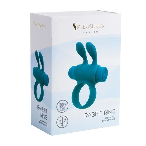 Ерекційне віброкільце S Pleasures Premium Rabbit Ring бірюзове, зі знімною віброкулею та вушками SX4582