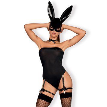 Эротический костюм кролика Obsessive Bunny costume S/M, black, боди, чокер, гартеры, чулки, маска SO7701
