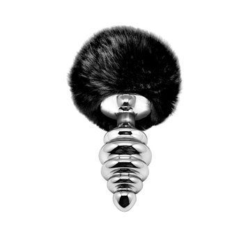 Металева анальна пробка Кролячий хвостик Alive Fluffy Twist Plug L Black, діаметр 3,8 см SO6311