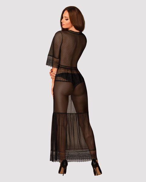 Пеньюар Obsessive Estiqua peignoir, M/L, чорний, прозорий, на поясі, довжина до щиколоток SX1147