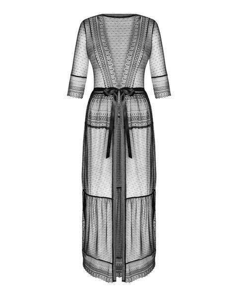 Пеньюар Obsessive Estiqua peignoir, M/L, чорний, прозорий, на поясі, довжина до щиколоток SX1147
