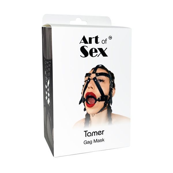 Кляп-маска Art of Sex Tamer з силіконовим кільцем, натуральна шкіра, чорний SO9664