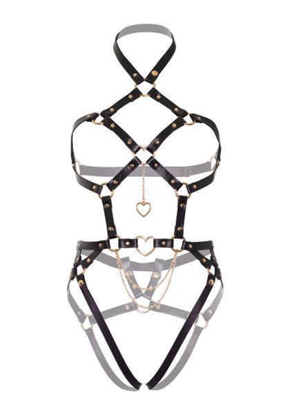 (SALE) Портупея-тедди из экокожи Leg Avenue Heart ring harness teddy S, Black, подвеска-сердечко, цепи SO8563