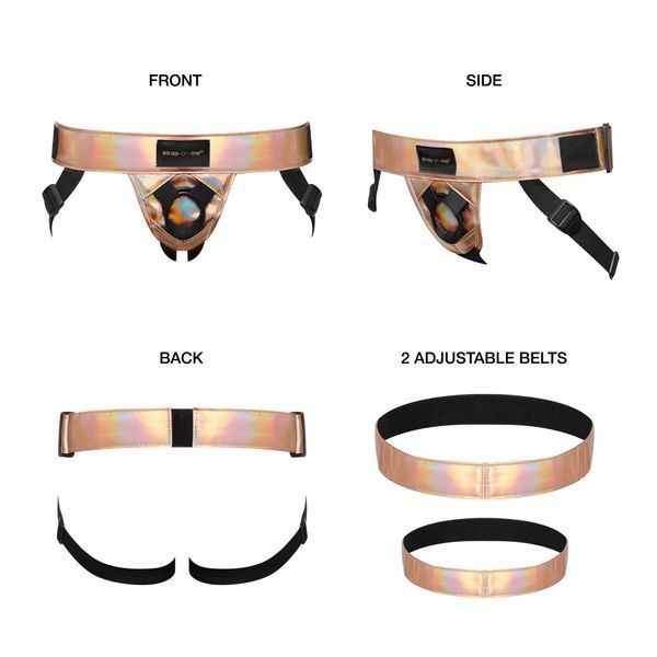 Трусы для страпона Strap-On-Me Leatherette Harness Curious Holographic Rose Gold SO7812