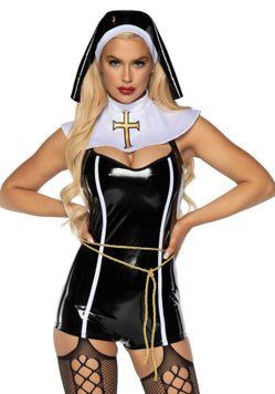 Виниловый костюм монашки Leg Avenue Sinful Sister S, комбинезон, воротник, пояс, головной убор SO7991