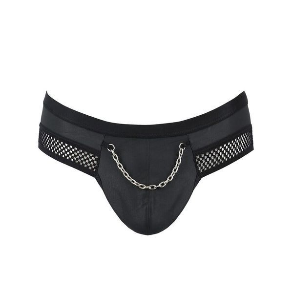 Чоловічі труси з ланцюжком Passion 030 SLIP TOM S/M Black, екошкіра, відкриті сідниці SO7562