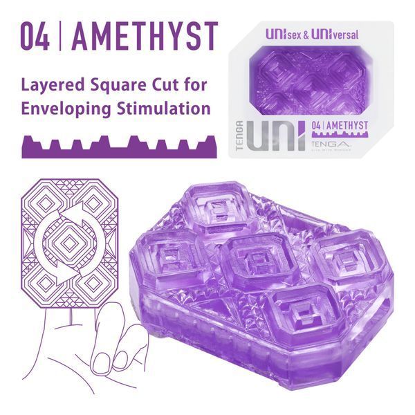 Унисекс-стимулятор Tenga UNI Amethyst, фиолетовый, узор в виде рельефных квадратов, лубрикант в комплекте SO9808