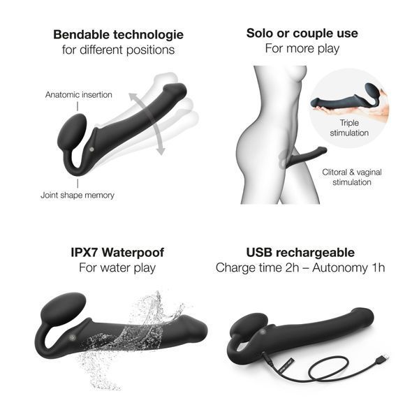 Безремінний страпон з вібрацією Strap-On-Me Vibrating Black L, діаметр 3,7см, пульт ДК, регульований SO3829