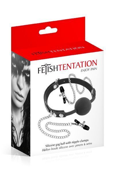 Кляп с силиконовым шариком и зажимами для сосков Fetish Tentation Gag Ball with Nipple Clamps SO4036