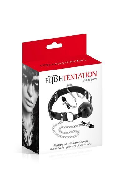 Повітропроникний кляп із затискачами для сосків Fetish Tentation Rigid Gag Ball with Nipple Clamps SO4037