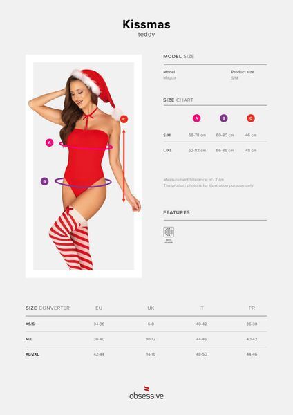 Тедді Obsessive Kissmas teddy, S/M, червоне, без бретелей, чокер, панчохи та шапка з помпоном у наборі SX1152